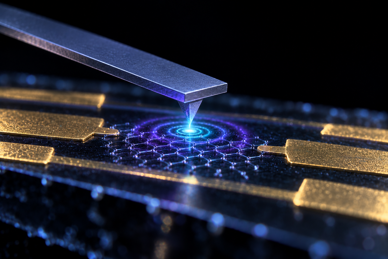 Conceptual illustration of an AFM cantilever and pyramidal tip probing a graphene device between gold transmission lines on a chip