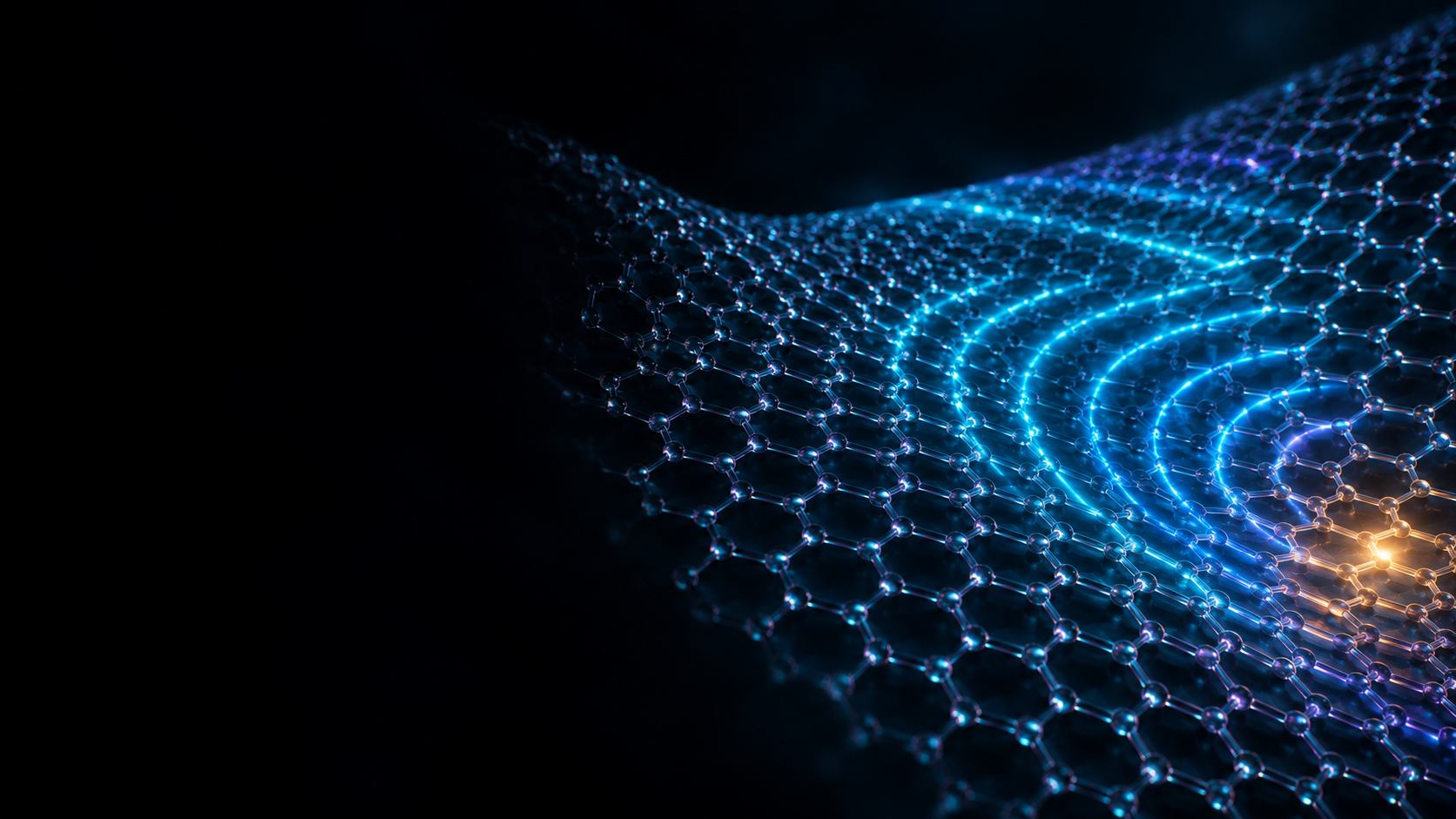 Conceptual artwork of luminous wavefronts over a two-dimensional material